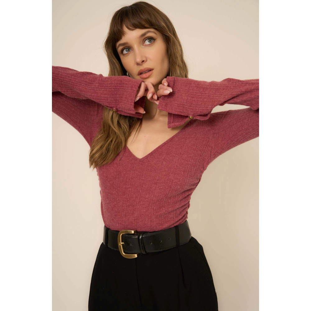 Pixel Ruched Side Brushed Rib V-Neck