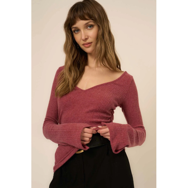 Pixel Ruched Side Brushed Rib V-Neck